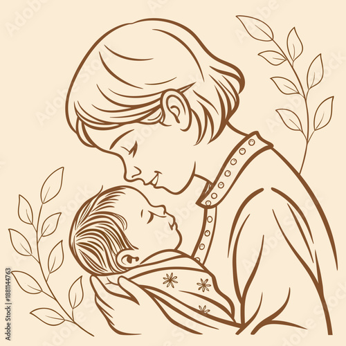 Mother holding sleeping baby line art, maternal love family illustration