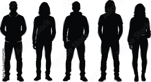 Collection of five human silhouettes standing side by side in casual clothing styles representing diversity, anonymity, fashion, design, and illustration concepts