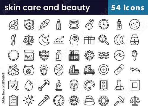 Skin care and beauty icon set in linear style with cosmetic, face, and natural symbols for spa, including 54 makeup illustrations
