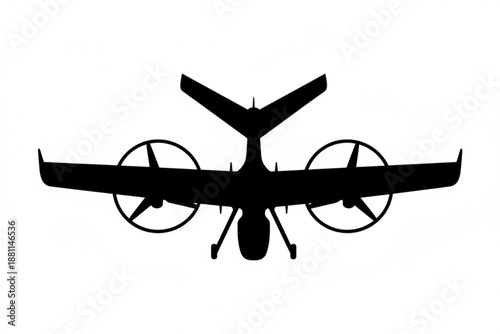 Silhouette of an Unmanned Aerial Vehicle: A sleek, dark silhouette of an unmanned aerial vehicle (UAV) is presented against the backdrop of the sky, featuring its propellers and aerodynamic design.