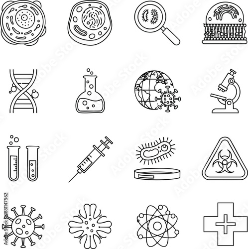 Collection of scientific and medical outline icons representing biology, viruses, and healthcare research