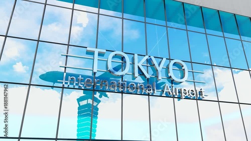 Tokyo international airport. Plane landing at Tokyo. Arrival in the city with the glass airport terminal and reflection of the jet aircraft. Travel, business, tourism and transport.