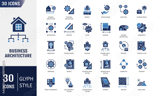 Business architecture icon set. Containing strategy, execution, management, execution, operations, service, planning and more. Vector illustration