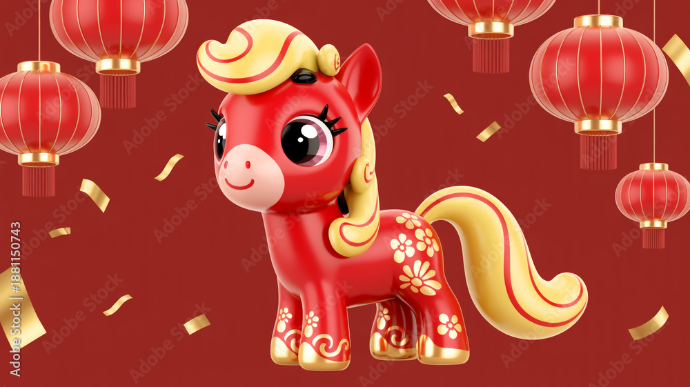 Fototapeta premium a red and gold pony surrounded by chinese lanterns and confetti