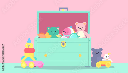 Toy Chest with Teddy Bears and Stacking Toys