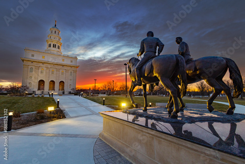 Nauvoo IL Temple at sunrise with bright red and yellow sky