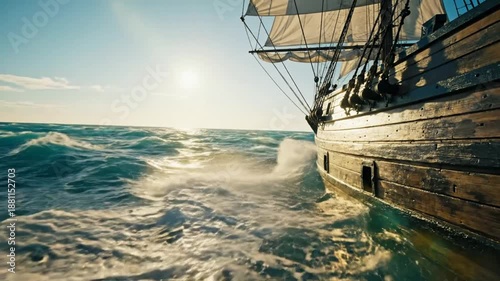 Wooden sailing ship cutting through the ocean waves under a bright sunny sky during daytime, adventure
