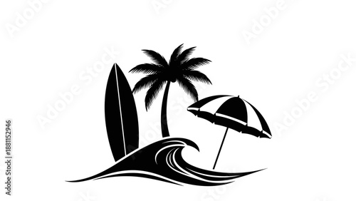 Silhouette of tropical island with palm trees and umbrella beach