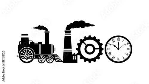 Silhouette of vintage steam locomotive with clock and gear symbols