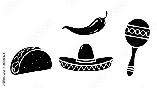 Set of traditional mexican food items including taco chili and spoon