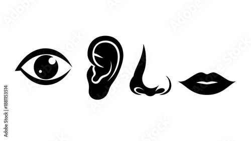 Set of black and illustrations of eye ear nose and mouth