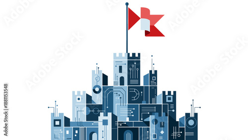 Illustration of a futuristic cityscape with tall buildings and a flag