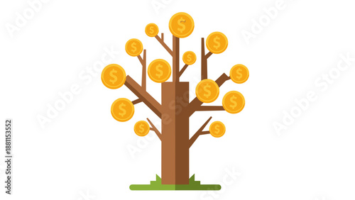 Illustration of a money tree with gold coins branches and trunk