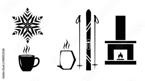 Collection of winter and cold weather items including mug and fireplace