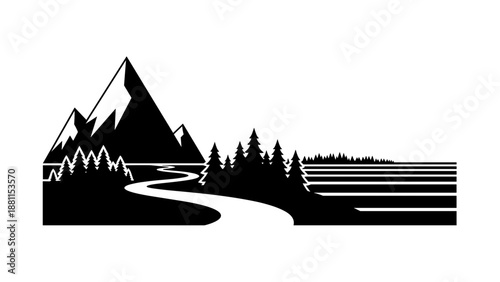 Minimalist black and landscape with mountains trees and river