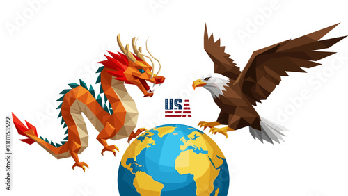 Illustration of a dragon and an eagle battling over the globe
