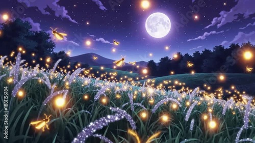 Magical Nighttime Scene: Fireflies Illuminate a Field Under the Full Moon and Starry Sky