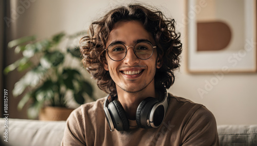 Smiling Young Man with Headphones Indoors