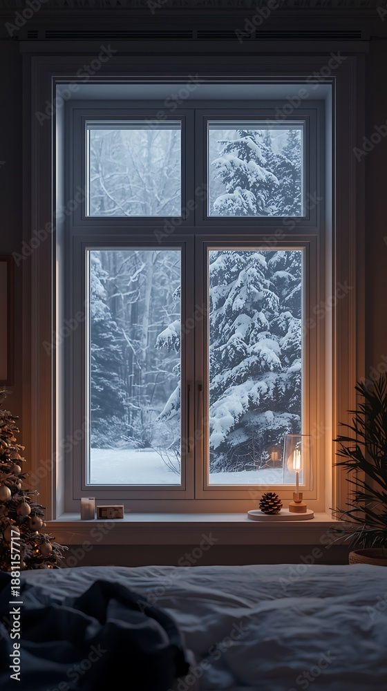 Fototapeta premium Generative AI Winter Scene View Through Cozy Window Panel
