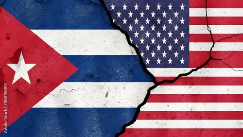 A cracked flag of Cuba and the United States symbolizing political division and strained international relations.