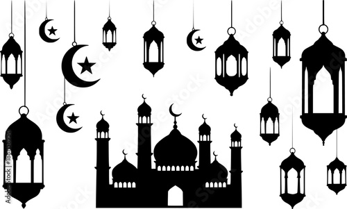 Islamic culture silhouettes set featuring mosque and lanterns icons isolated on transparent background for ramadan kareem greeting
