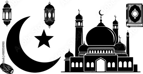 Set of six black moon silhouettes featuring mosque domes stars and hanging lanterns perfect for ramadan and eid greeting elements
