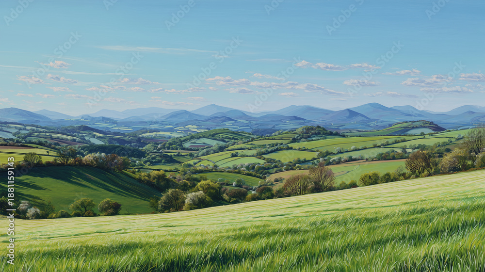 Fototapeta premium 広い草原と遠くの山並み風景