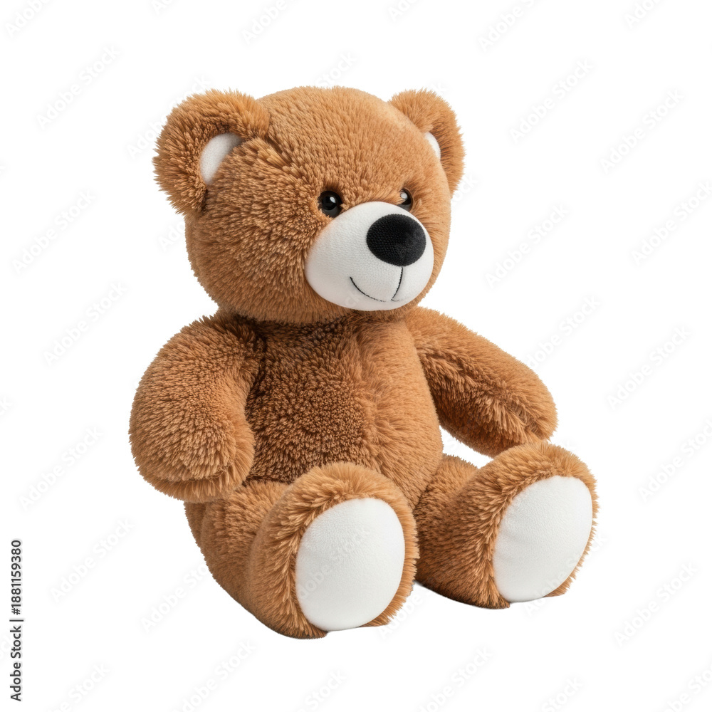Obraz premium Cute soft brown plush teddy bear, 12 inches tall, with matte black nose, white snout, and paw pads, sitting on a plain white background with subtle shadow, ultra-realistic product photography concept