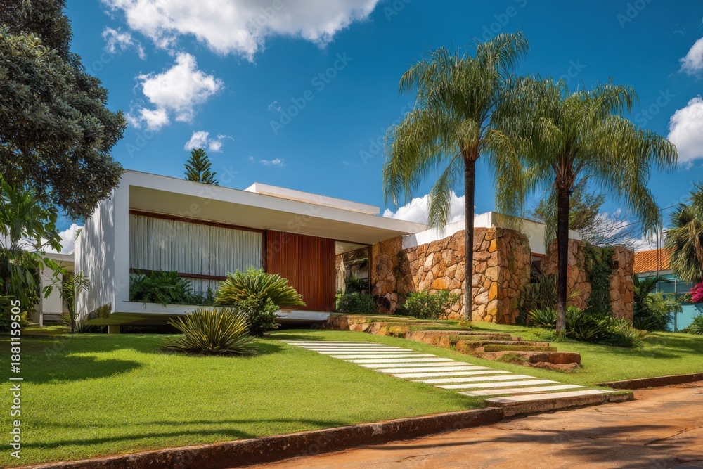 Obraz premium This contemporary home boasts striking stone and glass elements, nestled in a bright, sunny neighborhood adorned with lush green grass and swaying palm trees throughout the day