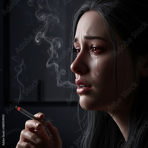 Sorrowful Woman Smoking - A Portrait of Grief and Addiction.