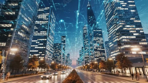 Futuristic Cityscape with Digital Network Lines and Autumn Trees at Dusk, Urban Technology Concept