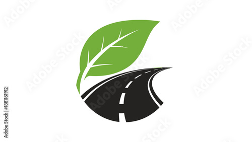 Sustainable transportation concept illustration featuring a green leaf on a winding road, symbolizing eco-friendly travel and environmental awareness.