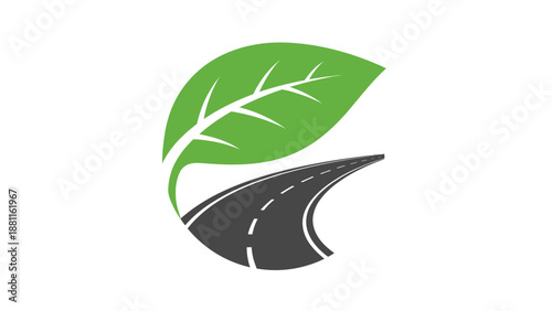A road morphing into a green leaf, symbolizing eco-friendly transportation and sustainability, viewed from a high vantage point