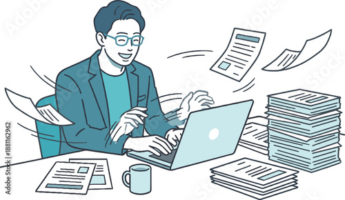 Efficient office worker handling paperwork with ease