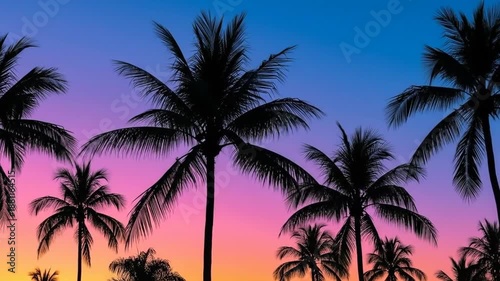 Tropical sunset silhouette with palm trees against a vibrant gradient sky.