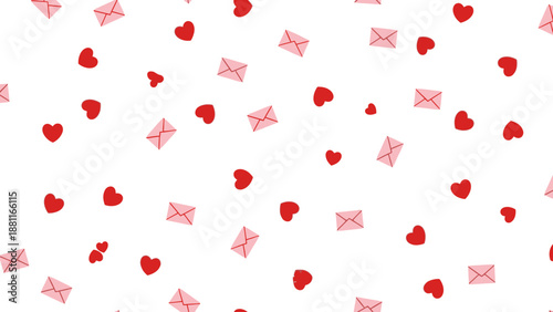 Red and pink hearts and envelopes floating.