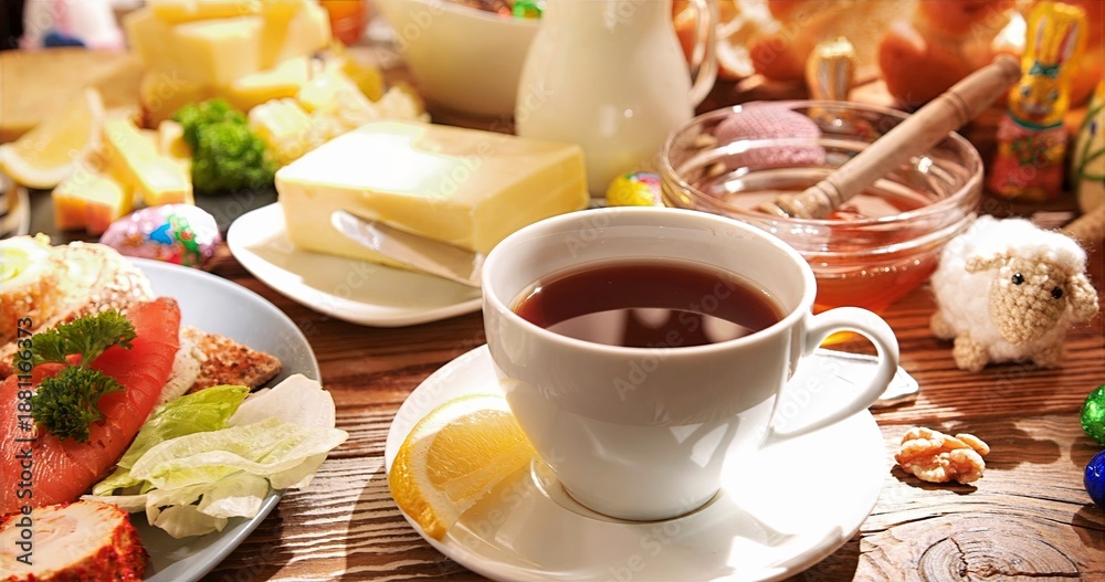 Fototapeta premium Traditional Breakfast Setup With Natural Ambiance, Elegant Rustic Setting For Peaceful Morning Meal