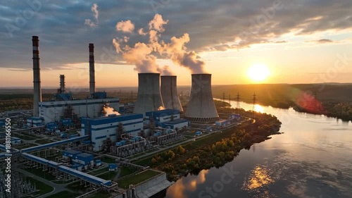 Wallpaper Mural Industrial power plant with tall chimneys and cooling towers emitting steam during a stunning sunset over a river. Torontodigital.ca