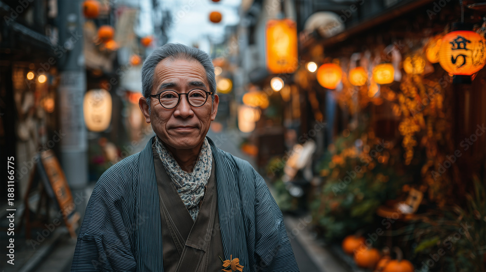 Obraz premium 日本人男性が和装風の幽霊衣装で街に佇む