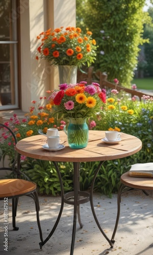 Wallpaper Mural Cozy outdoor cafe table with cup of coffee and vase of colorful flowers in a sunny garden setting, blooming flowers, outdoor cafe, peaceful atmosphere Torontodigital.ca