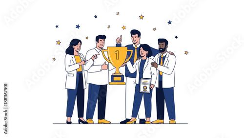 Team celebrating victory with trophy, success and achievement