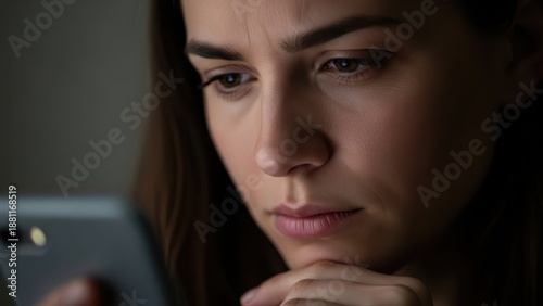 A worried woman looks at her smartphone with a concerned expression in a dark room