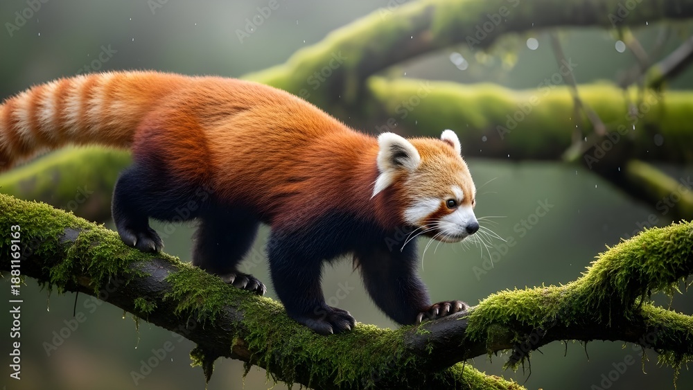 Fototapeta premium A red panda moves along forest branches surrounded by soft green light. The image emphasizes curiosity, balance, and the natural beauty of forest wildlife.