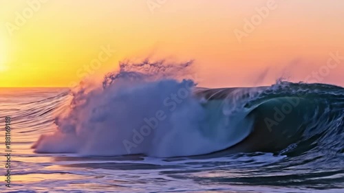 Majestic ocean wave crashing during a vibrant sunset, creating a stunning seascape.