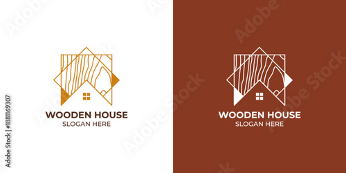 Wooden House Logo Design Template with Natural Wood Grain Texture and Abstract Home Silhouette
