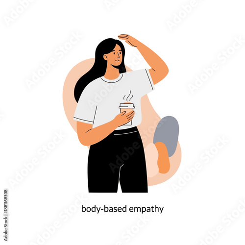Woman holding coffee cup looking up, body-based empathy concept