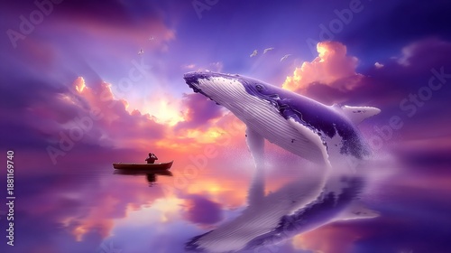 Majestic whale breaching near a small boat at sunset with vibrant purple and orange skies