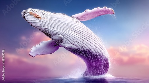 Majestic humpback whale breaching the ocean surface against a vibrant sunset backdrop