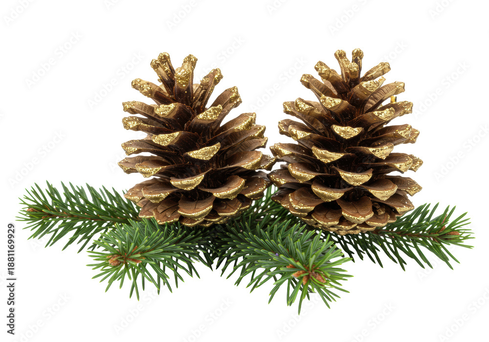 Fototapeta premium Macro shot of two highly detailed polished metallic gold glitter pine cones resting on a deep emerald green fir bough against a transparent background. Concept of high-end festive decor