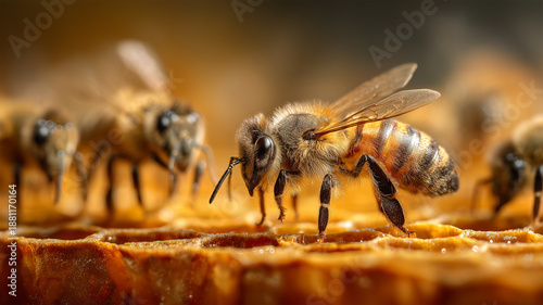 Wallpaper Mural 働き蜂が巣房で蜜を集める近接マクロ写真構図 Torontodigital.ca